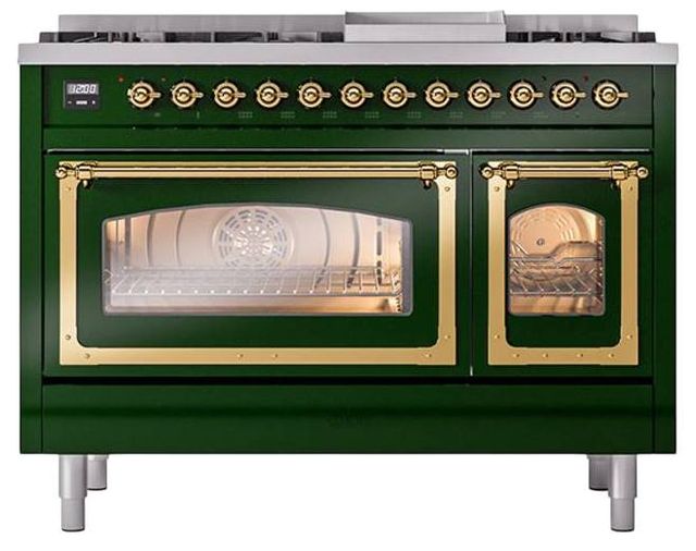 Ilve® Nostalgie II Noblesse 48'' Emerald Green Pro Style Dual Fuel Range with Brass Trim-1