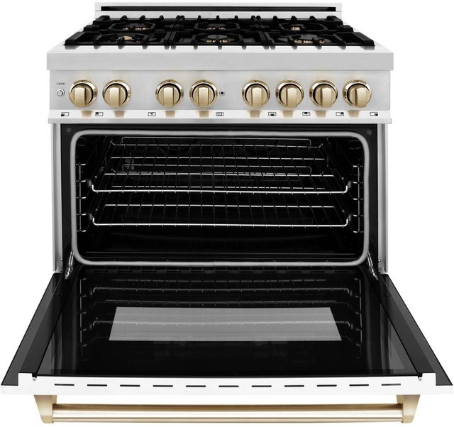 ZLINE Autograph Edition 36" Stainless Steel Pro Style Dual Fuel Range with White Matte Door and Polished Gold Accents-1