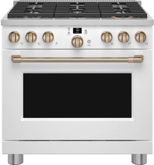 front view of the Café™ 36" Matte White Freestanding Gas Range
