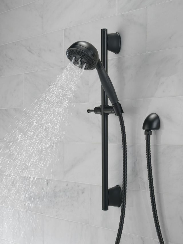 Delta Universal Showering Matte Black H2Okinetic® 5-Setting Slide Bar Hand Shower-2