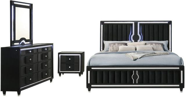 Coaster® Ravenne 4-Piece Black Queen Upholstered Panel Bedroom Set with LED-0