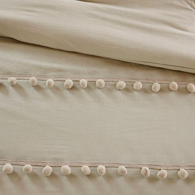 Olliix by Madison Park 3 Piece Taupe Full/Queen Leona Pom Pom Cotton Duvet Cover Set-4