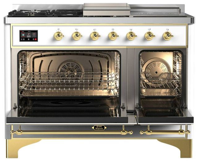 Ilve® Majestic III 48" White Pro Style Dual Fuel Natural Gas Range with Solid Door and Brass Trim-1