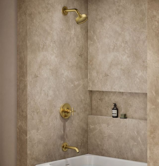 KOHLER® Purist® Rite-Temp® Vibrant Brushed Moderne Brass 2.5 GPM Bath and Shower Trim Kit with Push-Button Diverter and Cross Handle-1
