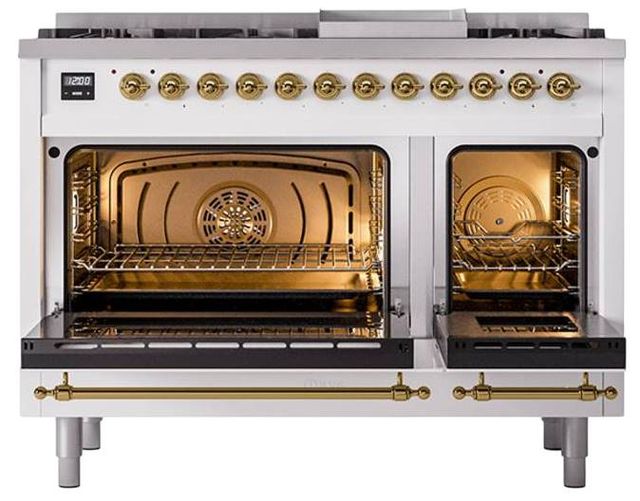 Ilve® Nostalgie II Noblesse 48'' White Pro Style Dual Fuel Range with Brass Trim-2