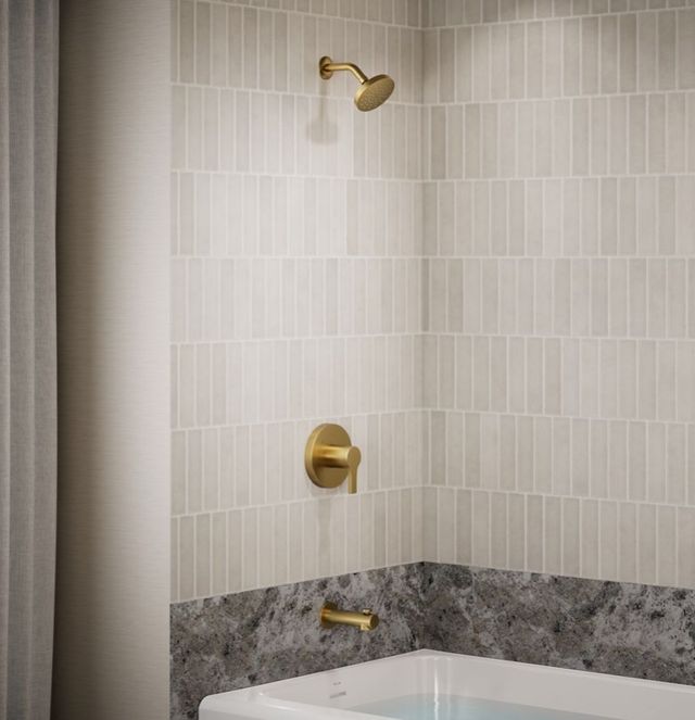 KOHLER® Elate® Rite-Temp® Vibrant Brushed Moderne Brass 1.75 GPM Bath and Shower Trim Kit-1