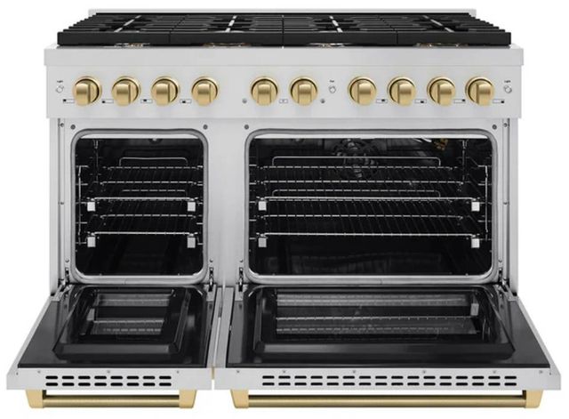 ZLINE Autograph Edition Paramount 48" Stainless Steel/Champagne Bronze Helix Handle Freestanding Double Oven Gas Range with 8 Burner Cooktop-1