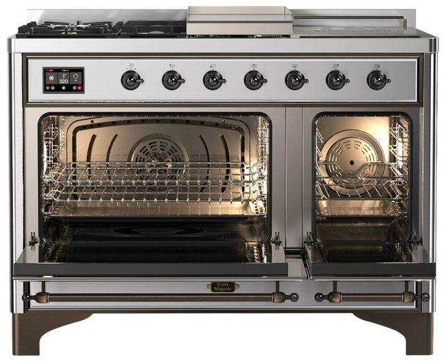 Ilve® Majestic III 48" Stainless Steel Pro Style Dual Fuel Natural Gas Range with Triple Glass Door and Burnished Trim-1