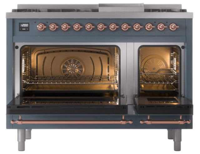 Ilve® Nostalgie II Noblesse 48'' Blue Gray Pro Style Dual Fuel Range with Copper Trim-1