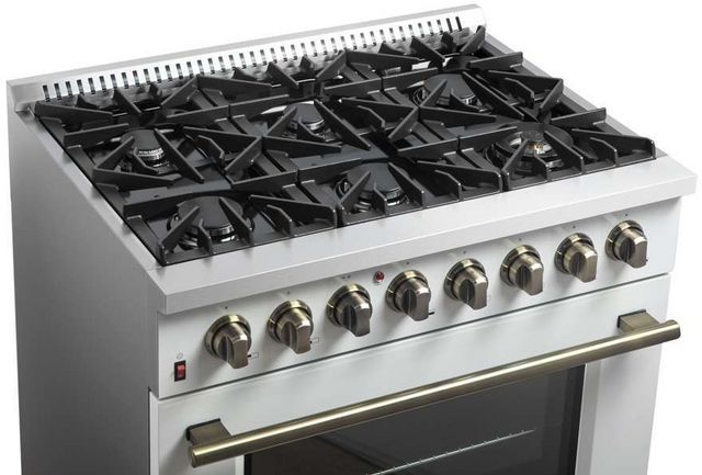 FORNO® Galiano 36" Stainless Steel Pro Style Dual Fuel Range with White Door with Antique Brass Accents-10