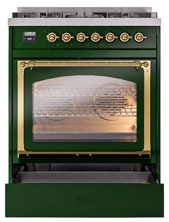 Ilve® Nostalgie II Noblesse 30" Emerald Green Pro Style Dual Fuel Range with Brass Trim-3