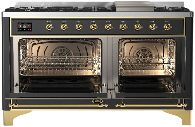 Ilve® Majestic III 60" Graphite Matte Pro Style Dual Fuel Liquid Propane Range with Solid Door and Brass Trim-1