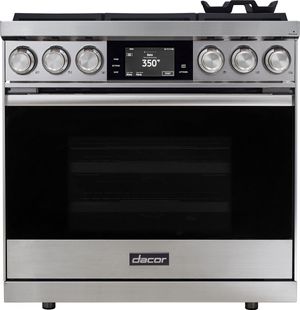 front view of the Dacor® Contemporary 36" Stainless Steel Pro Dual Fuel Steam Range