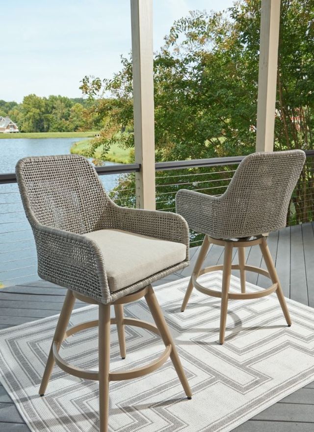 Signature Design by Ashley® Seton Creek 2-Piece Beige/Gray Outdoor Aluminum/Resin Wicker Swivel Bar Stool-4
