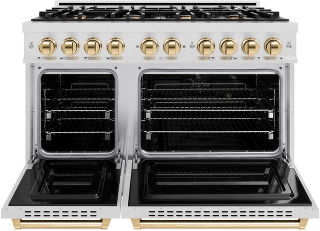 ZLINE Classic Autograph Edition 48" Satin Stainless Steel Pro Style Dual Fuel Range with Polished Gold Accents-1