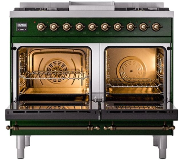 Ilve® Nostalgie II Noblesse 40'' Emerald Green Pro Style Dual Fuel Range with Burnished Trim-1