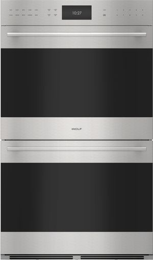 Front view of the Wolf® E Series 30" Stainless Steel Transitional Built in Double Electric Wall Oven