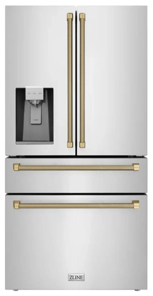 ZLINE Autograph Edition 36" 21.6 Cu. Ft. Stainless Steel Counter-Depth French Door Refrigerator with Water and Ice Maker in Fingerprint-Resistant and Champagne Bronze Helix Handles-0