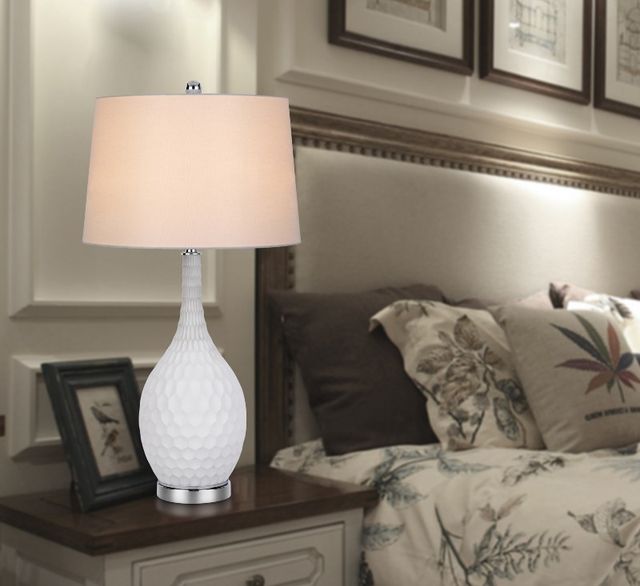 Cal® Lighting & Accessories Gourd Style 2-Piece Brushed Steel/Sculpture White Table Lamp Set-3