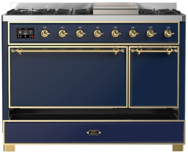 Ilve® Majestic III 48" Midnight Blue Pro Style Dual Fuel Liquid Propane Range with Solid Door and Brass Trim-2