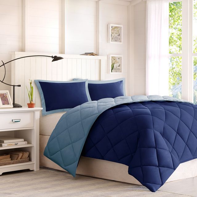 Olliix by Madison Park Essentials Larkspur Navy and Light Blue King 3M Scotchgard Reversible Down Alternative Comforter Set-0
