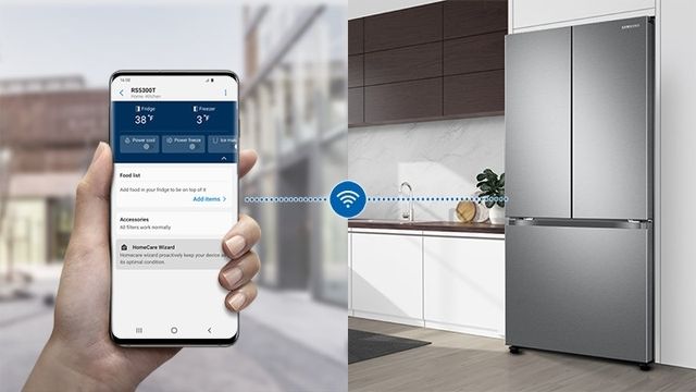 front view of a cell phone with the samsung app controlling their refrigerator from afar