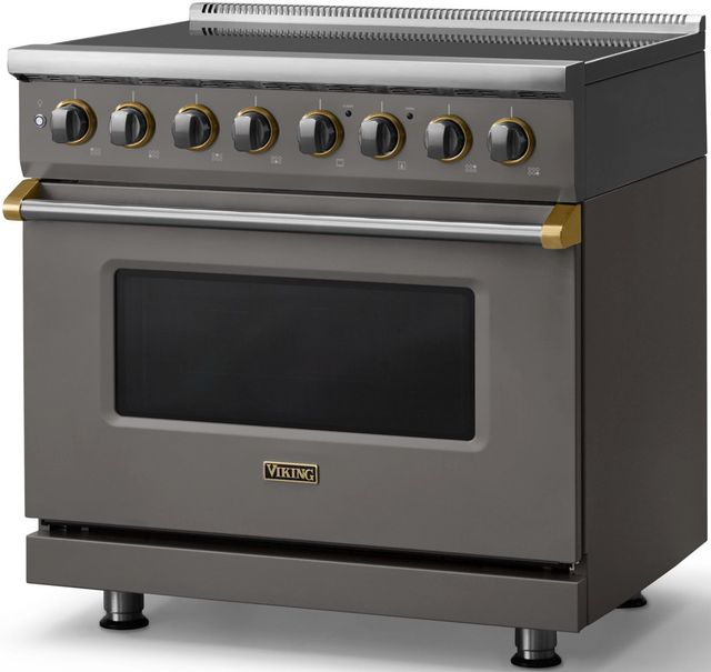 Viking® 5 Series 36" Damascus Gray Pro Style Induction Range with Brushed Brass Trim-2
