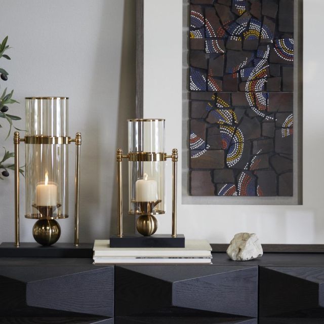 Deco Marche CosmoLiving by Cosmopolitan Gold Pillar Hurricane Lamp with Stand-3