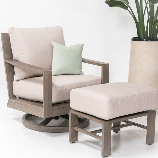 Sunset West Laguna Driftwood Aluminum Outdoor Ottoman with Canvas Flax Cushion-1