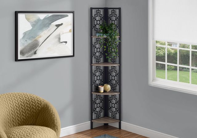 Monarch Specialties Inc. Dark Taupe 62" Black Metal Corner Etagere Bookcase-3