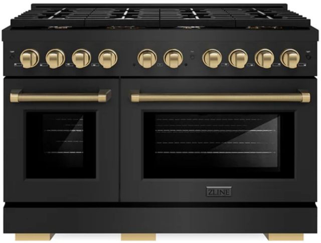 ZLINE Autograph Edition Paramount 48" 6.7 cu. ft. Black Stainless Steel with Champagne Bronze Helix Handle and Knob Accents Double Oven Dual Fuel Range with 8 Burner Gas Cooktop-0