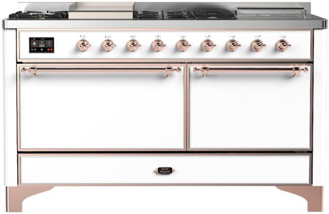 Ilve® Majestic III 60'' White Pro Style Dual Fuel Liquid Propane Range with Solid Door and Copper Trim-0