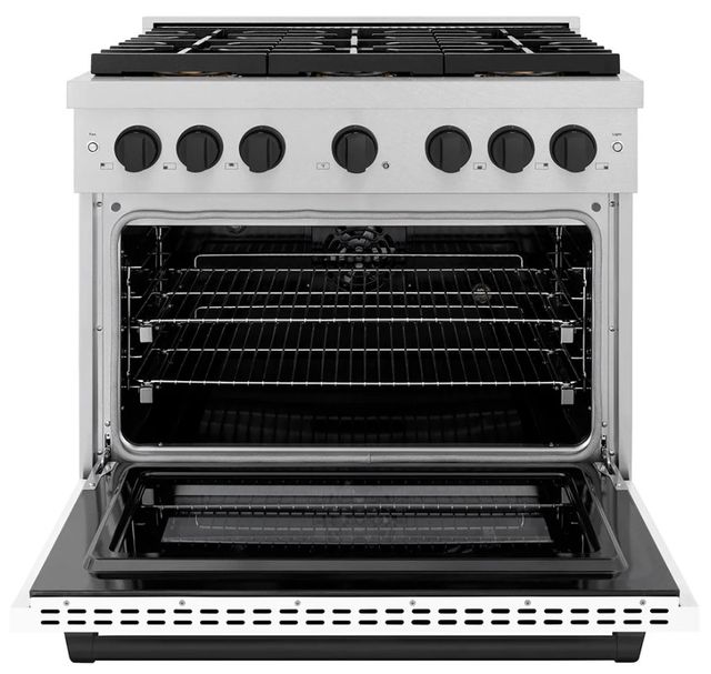 ZLINE Autograph Edition Paramount 36" 5.2 Cu. Ft. Satin Stainless Steel Dual Fuel Range with 6 Burner DuoPro™ Cooktop and Electric Convection Oven with White Matte Door and Matte Black Accents-3