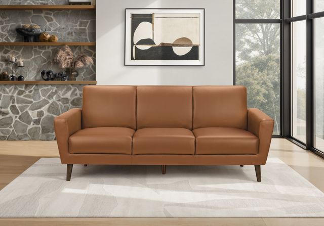 Monarch Specialties Inc. Cognac 77" Faux Leather Sofa with Walnut Wood Legs-1