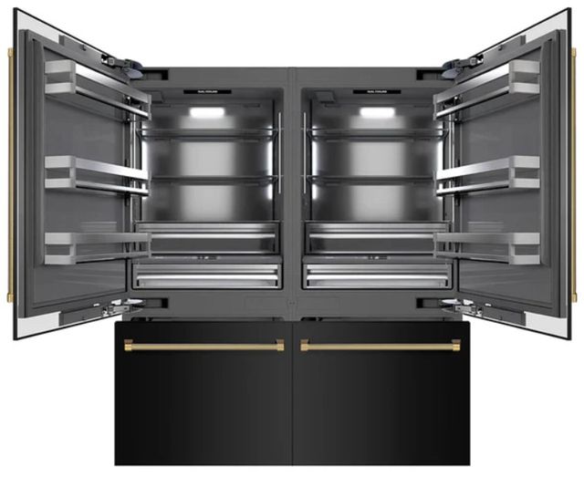 ZLINE Autograph Edition 72"  39.6 Cu. Ft. Black Stainless Steel French Door Built-In Bottom Freezer Refrigerator with Water Dispenser and Ice Maker in Graphite Gray Interior and Polished Gold Helix Handles-3