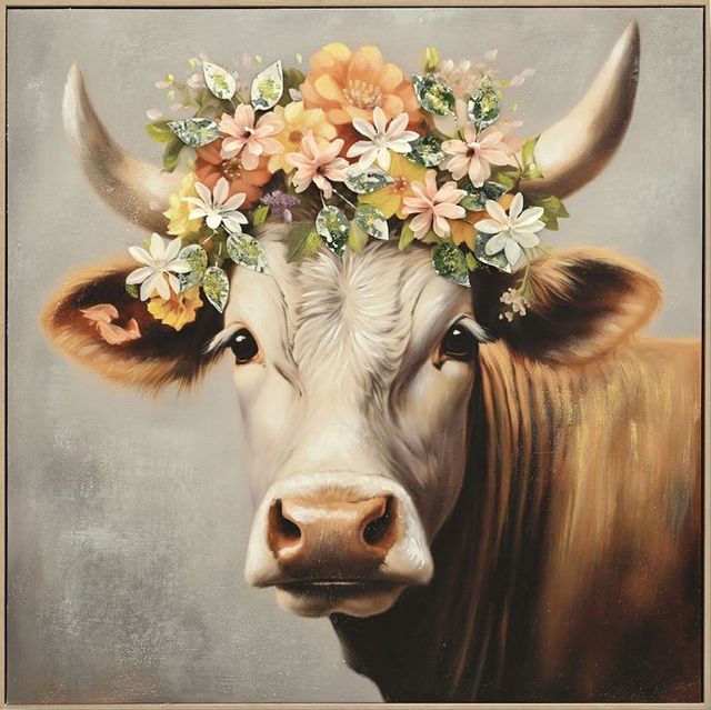 Classy Living Contemplative Blossom-Crowned Bovine Charm Wall Art-0