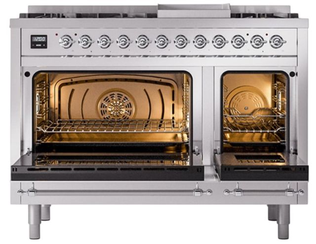Ilve® Nostalgie II Noblesse 48'' Stainless Steel Pro Style Dual Fuel Range with Chrome Trim-1