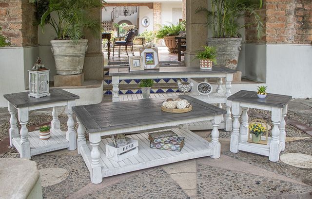International Furniture Direct Stone Weathered Gray Sofa Table with Ivory Antiqued Base-1