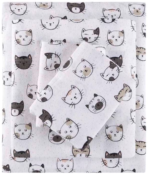 Olliix by Intelligent Design Cozy Soft Grey/Pink Cats Twin XL Cotton Novelty Print Flannel Sheet Set-0