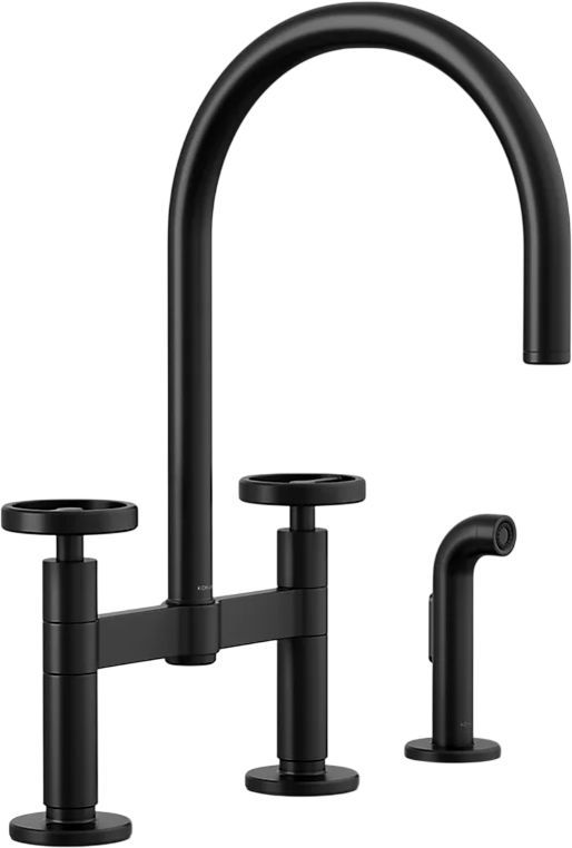 KOHLER® Billet® Matte Black 18" 2-Hole Bridge Kitchen Sink Faucet with Side Sprayer and Round Handles-0