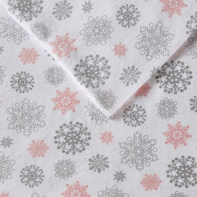 Olliix by True North by Sleep Philosophy Cozy Flannel Pink/Grey Snowflakes Twin XL 100% Cotton Printed Sheet Set-1