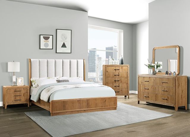 Crown Mark Westcott Cerused Natural/White Queen Upholstered Panel Bed-1