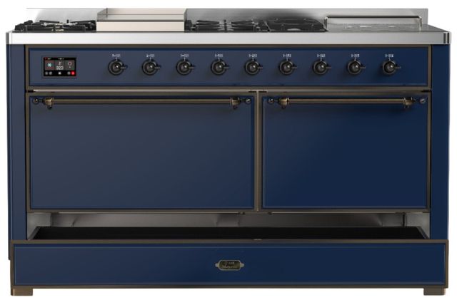 Ilve® Majestic III 60" Midnight Blue Pro Style Dual Fuel Liquid Propane Range with Solid Door and Burnished Trim-2