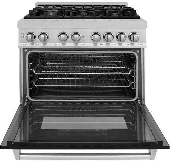 ZLINE 36" Satin Stainless Steel Pro Style Dual Fuel Range with Black Matte Door-1