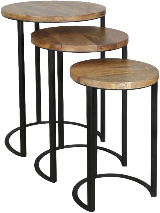 Jaipur Furniture Ravi Range 3-Piece Black/Brown Iron Base Solid Wood Top Round Stool Set-0