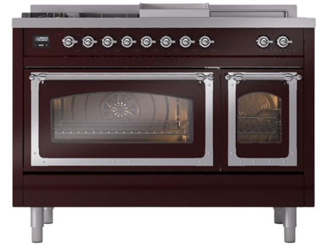 Ilve® Nostalgie II Noblesse 48'' Burgundy Pro Style Dual Fuel Range with Chrome Trim-1