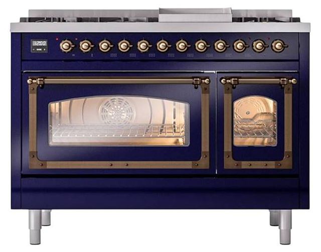 Ilve® Nostalgie II Noblesse 48'' Midnight Blue Pro Style Dual Fuel Range with Burnished Trim-1