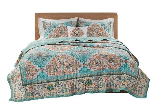 Olliix by Intelligent Design Deliah Teal Full/Queen Seersucker Boho Printed Reversible Coverlet Set-0