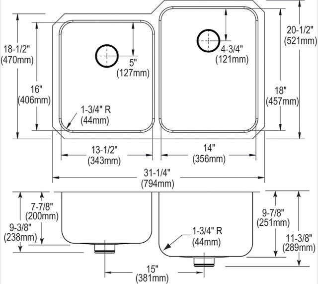 Elkay Lustertone® Classic Lustrous Satin 31-1/4" x 20-1/2" x 9-7/8" Offset 40/60 Bowl Undermount Sink with Perfect Drain®-2