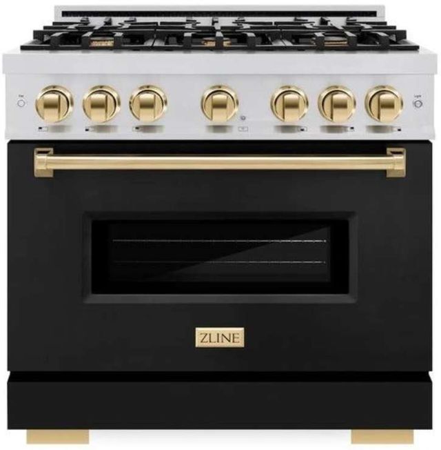 ZLINE Classic Series Autograph Edition 36" Stainless Steel Pro Style Dual Fuel Range with Black Matte Door and Polished Gold Accents-0